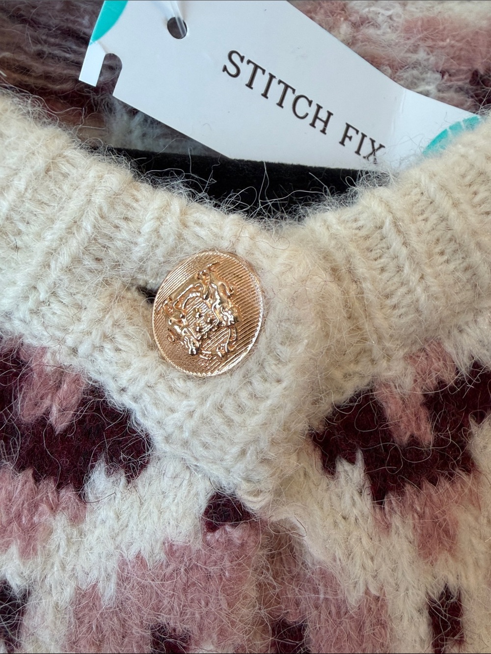Cozy Patterned Crewneck Cardigan Sweater - Burgundy & Pink - Picture 4 of 5